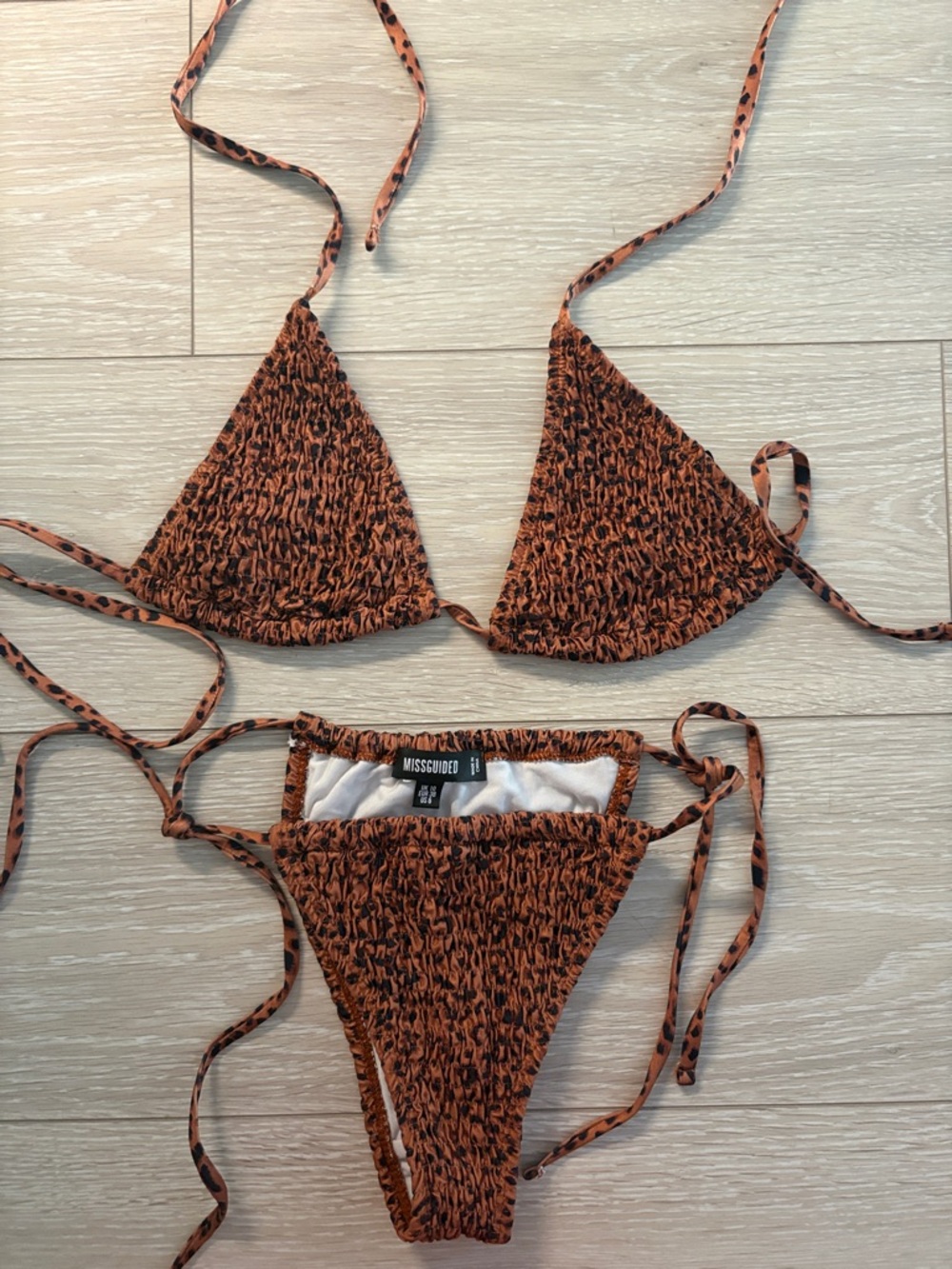 Missguided Crinkled Leopard-Print Smocked Triangle Bikini